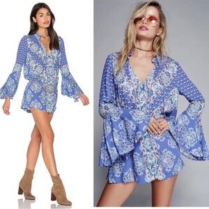 Free People Magic Mystery Tunic /Dress in Sky Blue Paisley Bell Sleeve